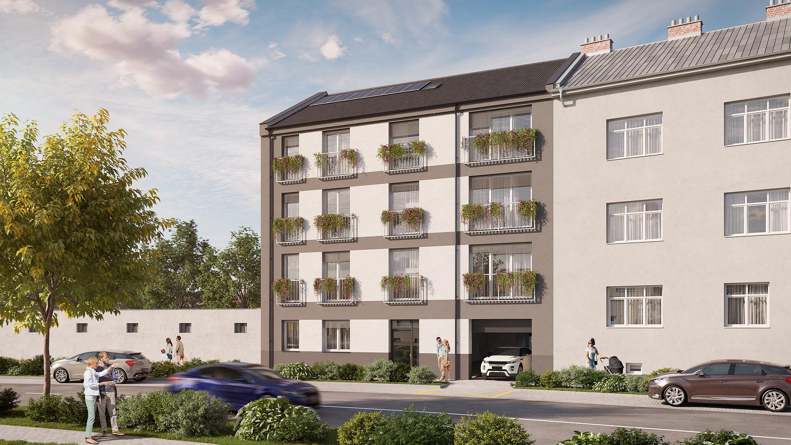 Pohled na bytový dům KŠÍROVA lofts z ulice, cihlová fasáda s balkony